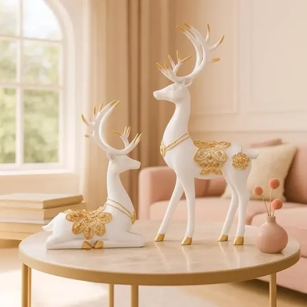Xtore Creative Resin Golden and White Reindeer Sculptures – Pack of 2