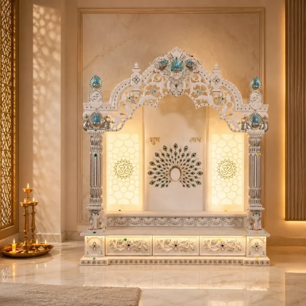 Premium White Marble Peacock Design Pooja Mandir with LED Backlight 4×4