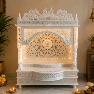 Handcrafted White Marble Peacock Pooja Mandir | Hindu Home Temple
