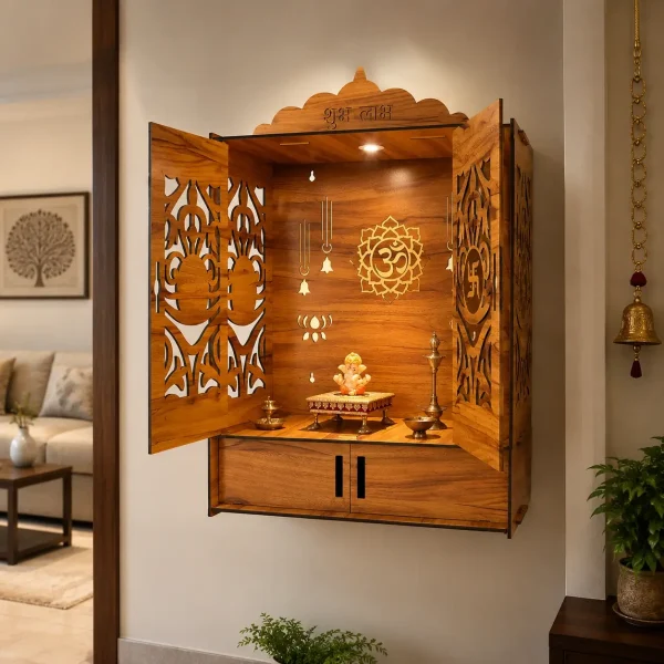 Wooden Home Altar Cabinet with Doors, LED Light & Storage