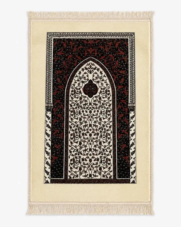 Cream Islamic Prayer Mat with Black & Red Arch Design