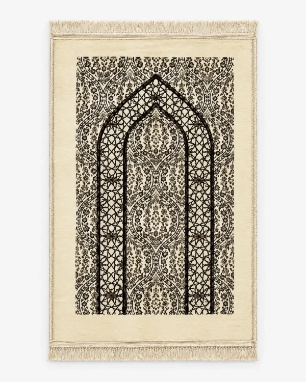 Cream Islamic Prayer Mat with Black Mihrab Design – Soft Woven Mat