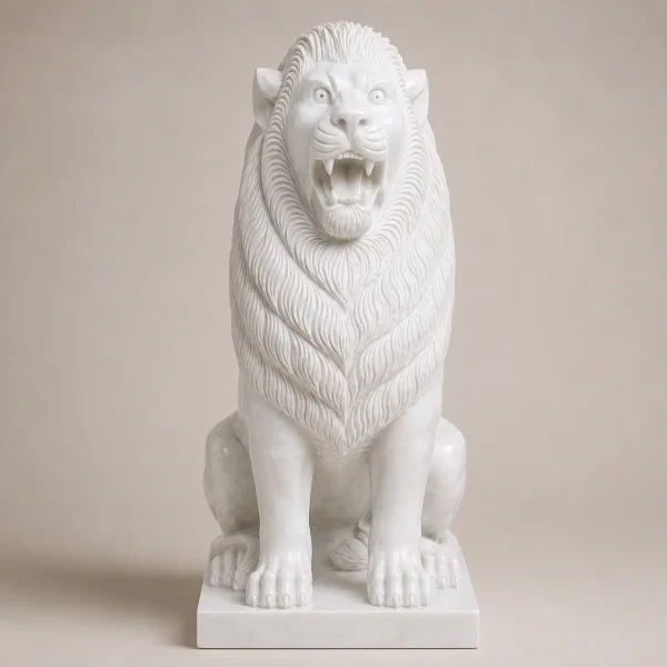 Luxury White Makrana Marble Lion Statue Pair for Garden, Villa & Temple Entrance