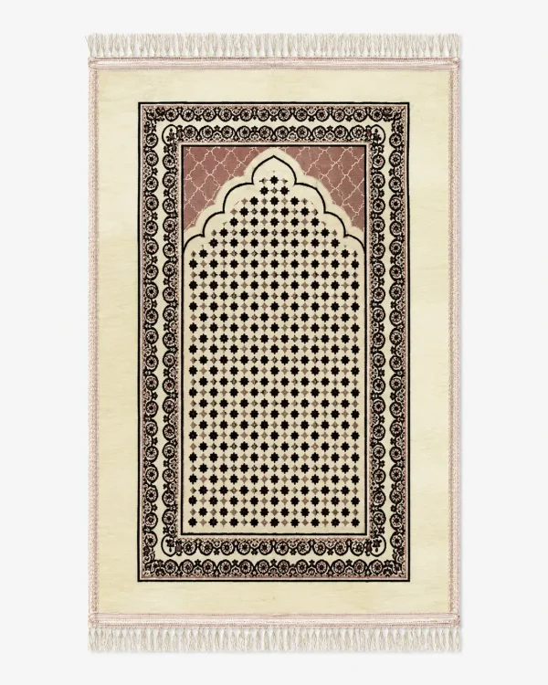 Cream & Rose Beige Islamic Prayer Mat with Black Floral Border