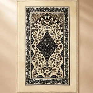 Cream Islamic Prayer Mat with Black Floral Mihrab Design