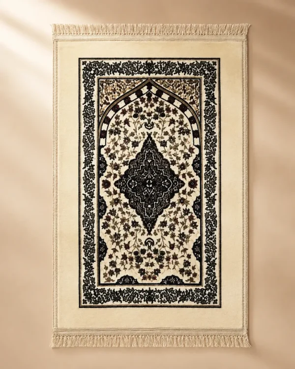 Cream Islamic Prayer Mat with Black Floral Mihrab Design