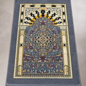Grey Velvet Islamic Prayer Mat / Janamaz with Mosque Arch Design