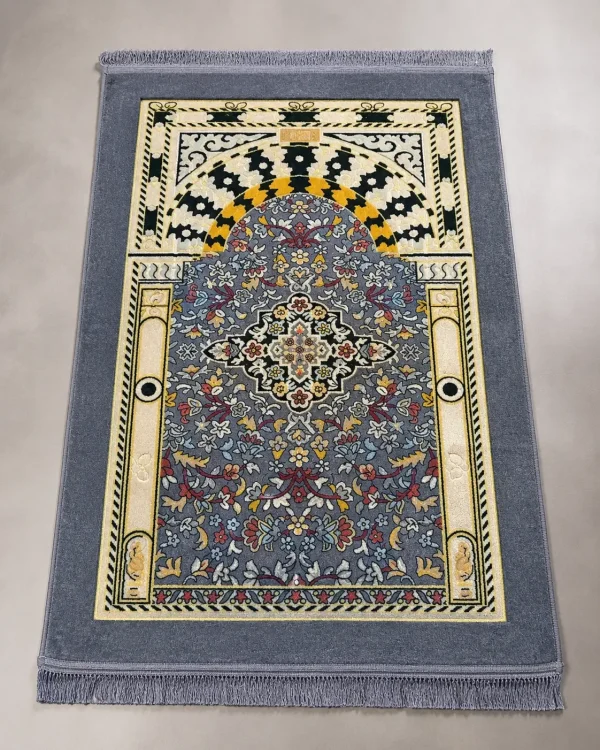 Grey Velvet Islamic Prayer Mat / Janamaz with Mosque Arch Design