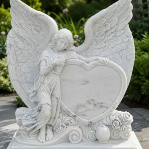 Handmade White Marble Angel Heart Statue – Makrana Marble Memorial Decor