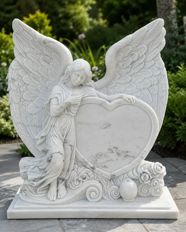 Handmade White Marble Angel Heart Statue – Makrana Marble Memorial Decor