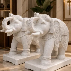 Hand-Carved Makrana White Marble Elephant Pair Statue for Luxury Home and Garden Decor