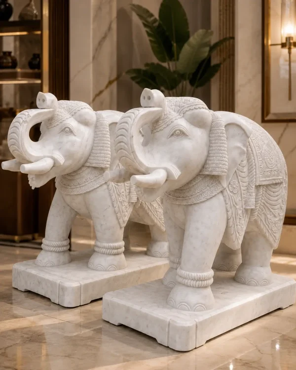 Hand-Carved Makrana White Marble Elephant Pair Statue for Luxury Home and Garden Decor