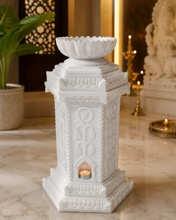 Luxury White Marble Lotus Pedestal Bowl for Home, Temple and Outdoor Decor