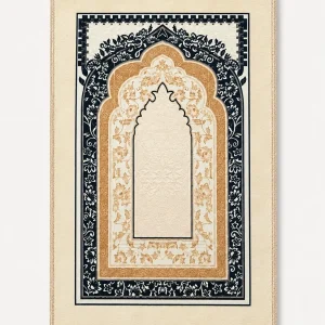 Premium Ivory Gold Islamic Prayer Mat with Navy Floral Arch Design