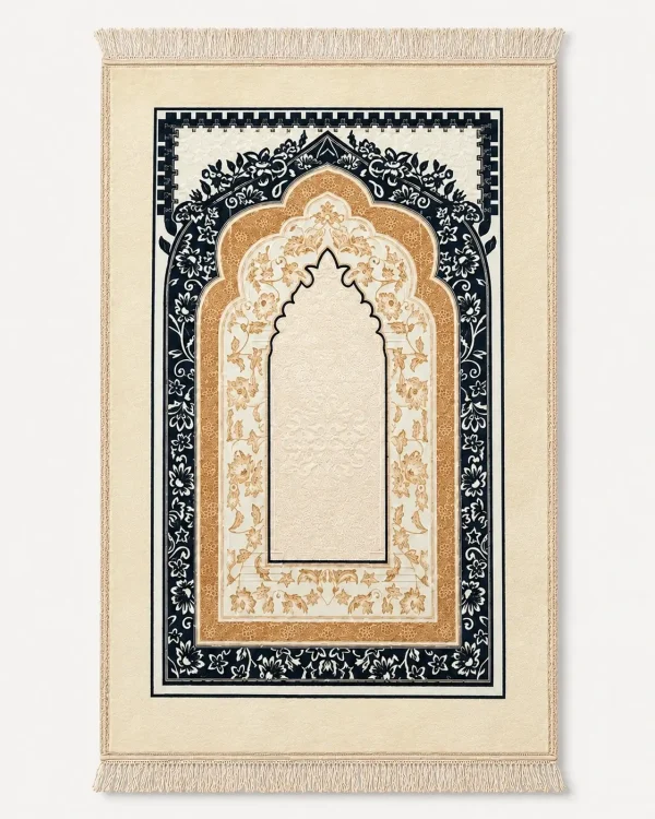 Premium Ivory Gold Islamic Prayer Mat with Navy Floral Arch Design