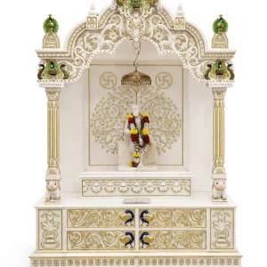 Premium Makrana Marble Pooja Mandir for Home with Peacock Carving, Gold Finish & Storage Drawers