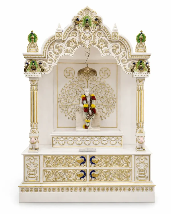 Premium Makrana Marble Pooja Mandir for Home with Peacock Carving, Gold Finish & Storage Drawers