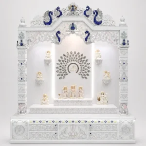Premium White Marble Pooja Mandir with Blue Peacock Carving, LED Backlit Panels & Storage Base