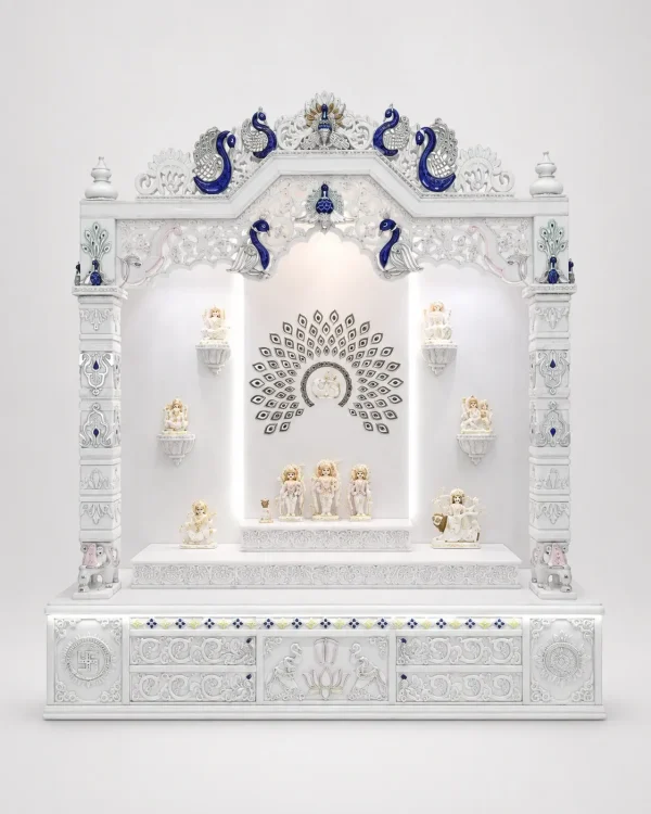 Premium White Marble Pooja Mandir with Blue Peacock Carving, LED Backlit Panels & Storage Base