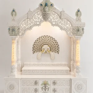 Premium White Marble Pooja Mandir with Peacock Arch, LED Carved Pillars, Kalash Panel & Storage Drawers