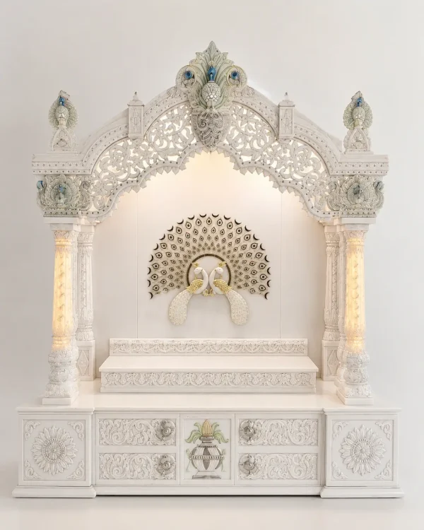 Premium White Marble Pooja Mandir with Peacock Arch, LED Carved Pillars, Kalash Panel & Storage Drawers