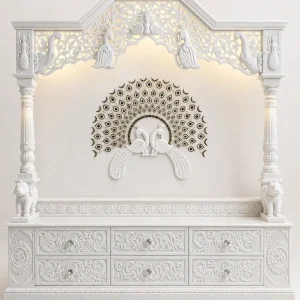 Premium White Marble Pooja Mandir with Peacock Motif, Backlit Canopy & Six Drawer Storage