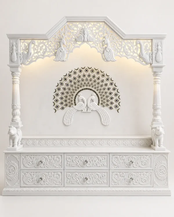 Premium White Marble Pooja Mandir with Peacock Motif, Backlit Canopy & Six Drawer Storage