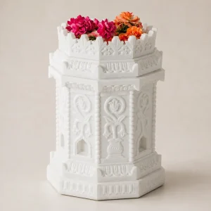 Luxury White Makrana Marble Pedestal Planter for Garden, Temple & Entryway Decor