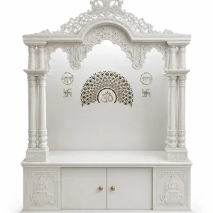 Premium White Marble Pooja Mandir with Handcrafted Carving, Storage & Polished Marble Finish
