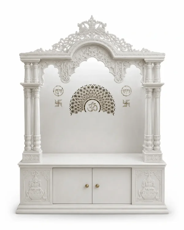 Premium White Marble Pooja Mandir with Handcrafted Carving, Storage & Polished Marble Finish