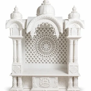 White Marble Mandir Variant 2 with Central Dome, Ornate Arch & Jali Back Panel