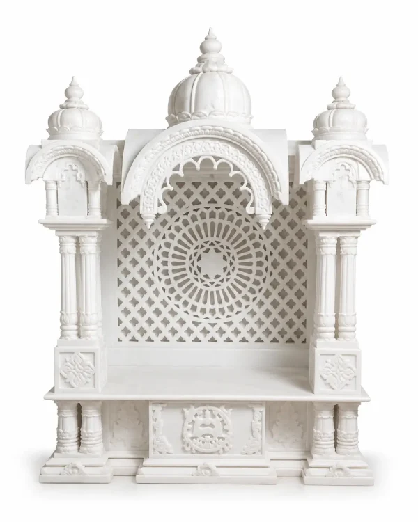 White Marble Mandir Variant 2 with Central Dome, Ornate Arch & Jali Back Panel