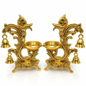 Peacock design brass diya with bell