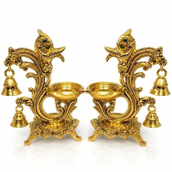 Peacock design brass diya with bell