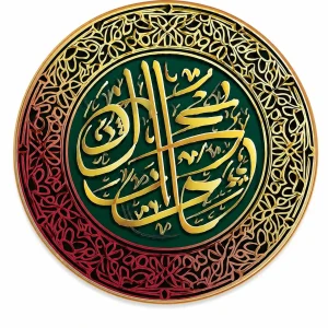Round Islamic wall decor with gold Arabic calligraphy for prayer room