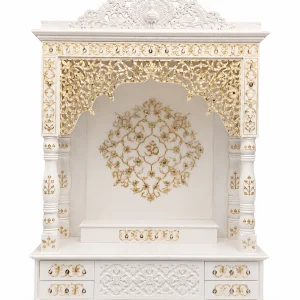 Divine Sanctuary Royal Heritage White & Gold Pooja Mandir with Floral Crest, Gold Jaali Arch, Om Motif & 4 Storage Drawers