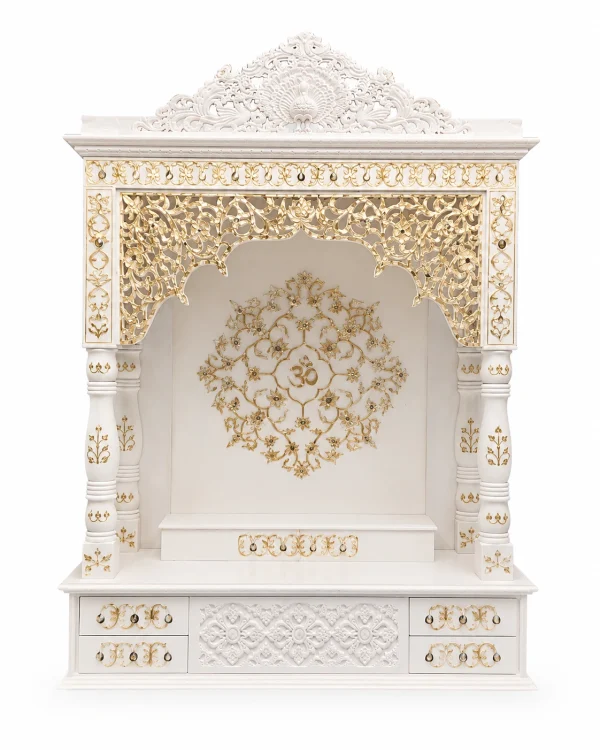 Divine Sanctuary Royal Heritage White & Gold Pooja Mandir with Floral Crest, Gold Jaali Arch, Om Motif & 4 Storage Drawers