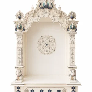 Royal Peacock Pooja Mandir with Premium Marble/Stone Finish, Peacock Ornament, LED Lighting & Storage Drawer