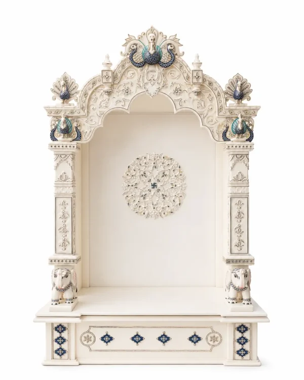 Royal Peacock Pooja Mandir with Premium Marble/Stone Finish, Peacock Ornament, LED Lighting & Storage Drawer