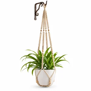 MadhavNest beige macrame plant hanger with wooden beads and wall hook on a white background