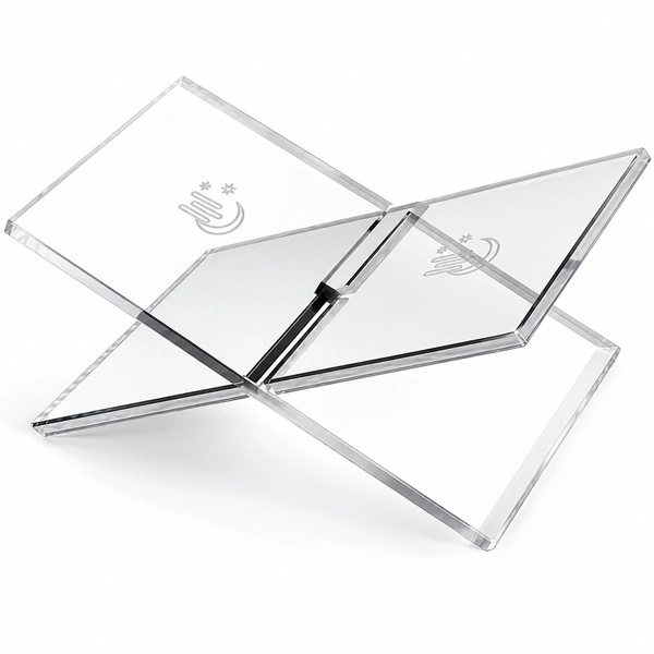Baileyn clear folding acrylic book stand with engraved motifs on a white background