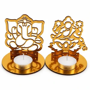 Tanoshee gold-tone Lakshmi and Ganesha tealight holder pair on a white background