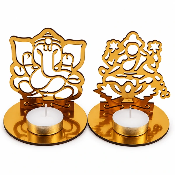 Tanoshee gold-tone Lakshmi and Ganesha tealight holder pair on a white background