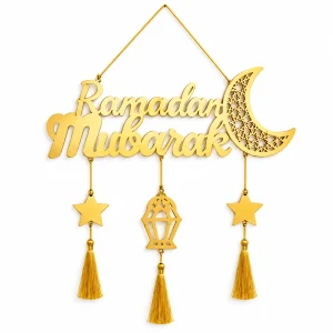 Changrobe gold-tone Ramadan Mubarak wall hanging with crescent and tassels on a white background