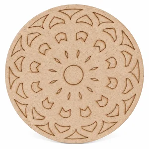 DJR Laser Arts round tan MDF mandala cutout on a white background