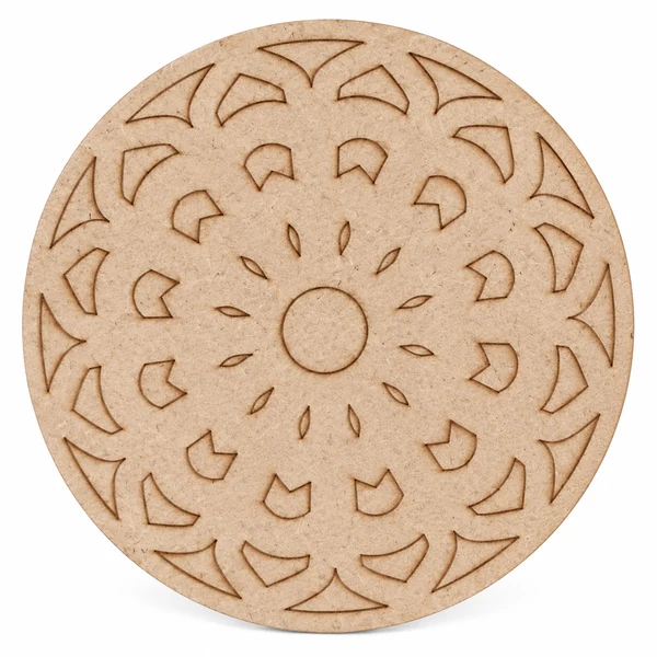 DJR Laser Arts round tan MDF mandala cutout on a white background