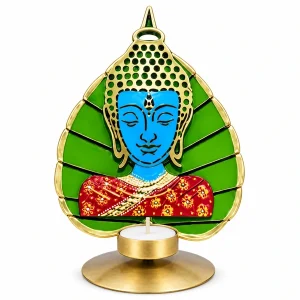 The Finishing Touch leaf-shaped Buddha candle holder on a white background