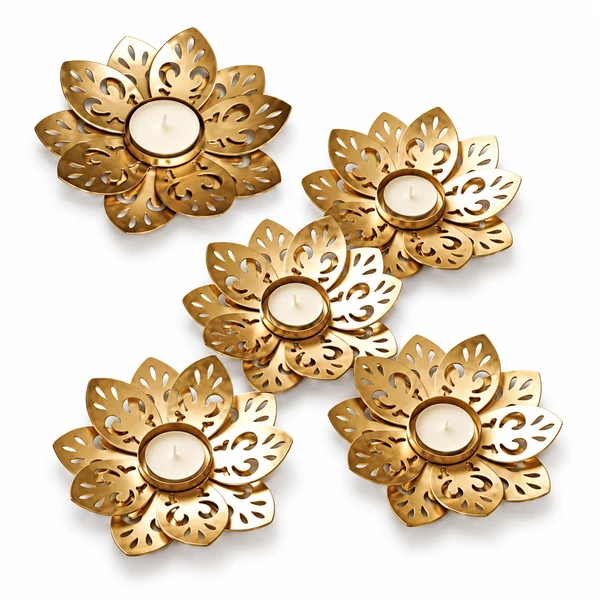 Zeemetal gold-tone metal lotus tealight holders on a white background