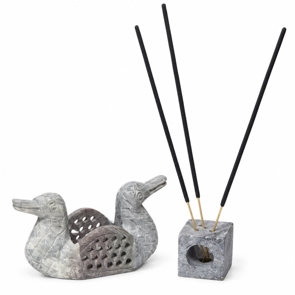 ALLEY Crafts grey carved stone duck incense holder on a white background
