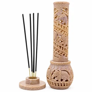 ALLEY Crafts carved stone incense tower with elephant motifs on a white background